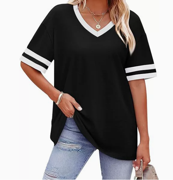 WIHOLL Womens T Shirts Loose Fit Short Sleeve Tees V Neck Color Block Summer Tops 2026 Fashion S-3XL