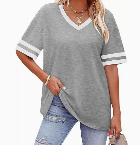WIHOLL Womens T Shirts Loose Fit Short Sleeve Tees V Neck Color Block Summer Tops 2026 Fashion S-3XL