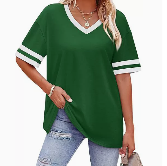 WIHOLL Womens T Shirts Loose Fit Short Sleeve Tees V Neck Color Block Summer Tops 2026 Fashion S-3XL